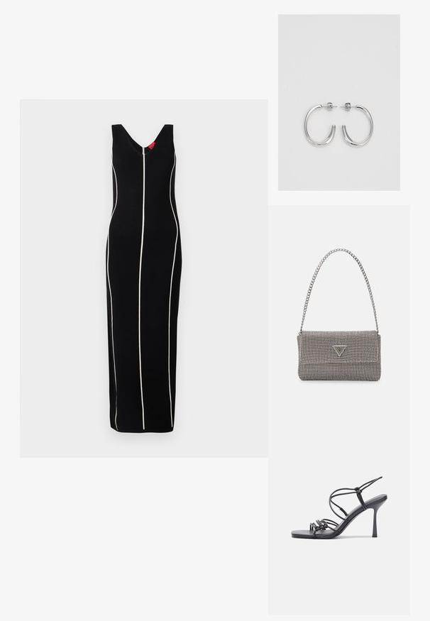 Musta hihaton mekko, jossa on V-pääntie, pystysuorat valkoiset raidat ja tiukka siluetti. Silkkinen kangas, jossa on hienovarainen kiilto.; Mustat korkokengät sandaalit, joissa on ohuet hihnat solmittuna, sileä neliön muotoinen varvasosa ja tyylikäs stiletto-korko.; Vaalea harmaa metallinen käsilaukku, jossa on ketjusanka. Laukku on koristeltu pienillä pyöreillä metallikoruilla ja kolmion muotoisella brändilogolla.; Hopehopeet hopehopeet hopehopeet hopehopeet, jolla on sileä, kiiltävä pinta. Pyöreä muoto, kevyt rakenne, jossa on neulakiinnitys.