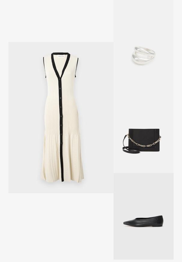 Strickkleid in Creme mit einer schwarzen Knopfleiste und Kragen. Ärmelloses Design mit geripptem Muster und einem ausgestellten Saum, der dezent gemustert ist.; Schwarze Leder-Balletschuhe, spitze Zehenform, minimalistische Gestaltung, glatte Textur, niedriger Absatz, keine sichtbaren Beschläge oder Verzierungen.; Schwarze Leder-Crossbody-Tasche mit glatter Textur, rechteckiger Form und metallic-kettendetail auf der Vorderseite. Verstellbarer Gurt inklusive.; Silberner Doppelring mit einer glatten, polierten Oberfläche. Verfügt über ein fließendes, kurviges Design mit überlappenden Abschnitten für einen modernen Look.