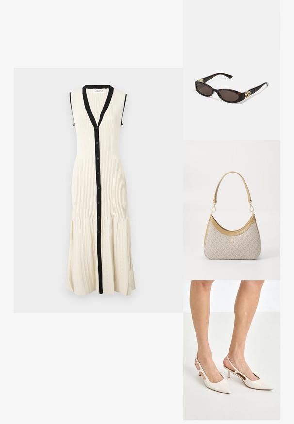 Robe en tricot crème avec une patte de boutonnage noire et un col. Design sans manches avec une texture côtelée et un ourlet évasé comportant des motifs subtils.; Escarpins à talon slingback en cuir verni beige avec un bout pointu et un talon de 5 cm, présentant des côtés découpés et une fine bride à la cheville.; Lunettes de soleil en écaille, avec des verres ovales allongés, teinte marron, accents de logo doré sur les branches et montures noires élégantes.; Sac à main en beige à motif, avec une forme incurvée, des accents en cuir et un logo en ton doré sur le devant. Il dispose d'une poignée courte pour un transport facile.; Collier en perles et cristaux avec un design rond et perlé dans des teintes douces, comportant des perles alternées et des accents scintillants, porté autour du cou.