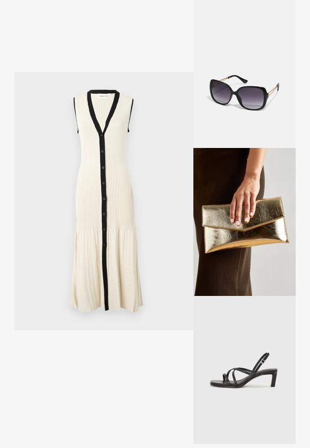 Sukienka dzianinowa w kolorze kremowym z czarnym zapięciem na guziki i kołnierzykiem. Bez rękawów, z prążkowaną fakturą i rozkloszowanym dołem z subtelnymi wzorami.; Czarne sandały na obcasie z prostokątnym noskiem i niskim słupkowym obcasem. Posiadają wiele cienkich pasków i regulowany pasek na kostkę. Wykonane z gładkiej skóry.; Czarne oversize okulary przeciwsłoneczne z gradientowymi soczewkami, grubymi oprawkami i złotym łańcuszkiem na ramionach.; Złota metaliczna kopertówka o gładkiej teksturze, z trójkątnym zapięciem na klapkę. Ręka trzymająca torbę ma starannie wypielęgnowane paznokcie.