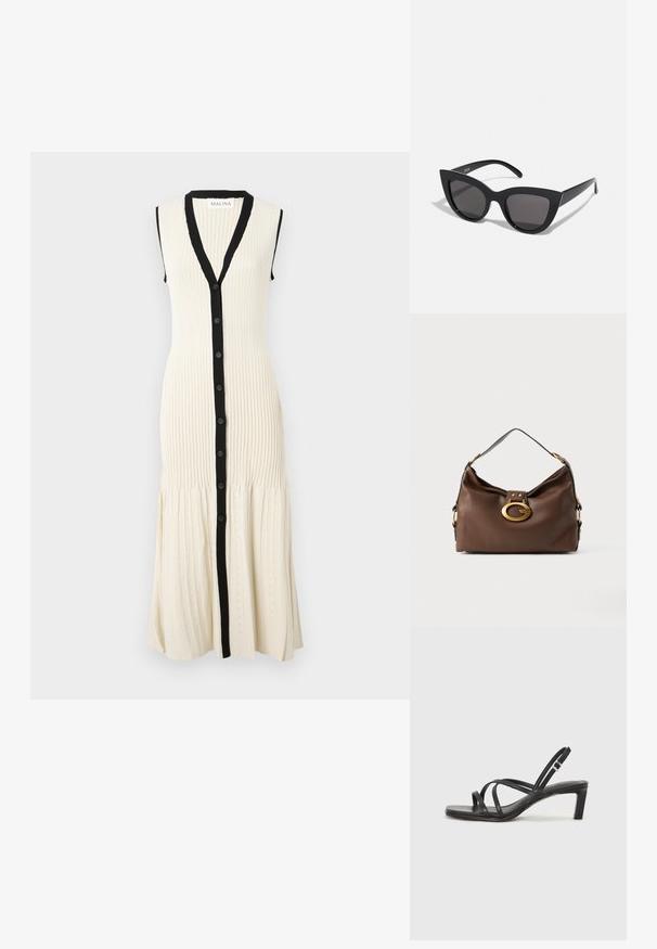 Kudotun mekko vaaleassa kremissä mustilla nappilistoilla ja kauluksella. Hihattomassa mallissa on ribbitekstuuri ja liehuva helma, jossa on hienovaraisia kuvioita.; Mustat hihnalligat, joissa on neliön muotoinen kärki ja matala lohkokorko. Ominaisuuksiin kuuluu useita ohuita hihnoja ja säädettävä nilkkahihna. Valmistettu sileästä nahasta.; Mustat kissansilmäaurinkolasit, joissa on matta pinta, harmaansiniset linssit, terävät kulmat ja tyylikkäät sivuvarret. Brändin nimi näkyy sisävarsissa.; Ruskea nahkalaukku, jossa on teksturoitu pinta, kultasävyisellä kiinnityksellä ja yhdellä kaarevalla olkahihnalla.