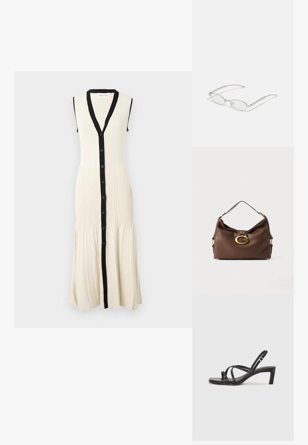 Strickkleid in Creme mit einer schwarzen Knopfleiste und Kragen. Ärmelloses Design mit geripptem Muster und einem ausgestellten Saum, der dezent gemustert ist.; Schwarze Sandale mit Riemchen, quadratischer Zehenform und niedrigem Blockabsatz. Verfügt über mehrere dünne Riemen und einen verstellbaren Knöchelriemen. Hergestellt aus glattem Leder.; Ovale Brillen mit einem metallisch-silbernen Rahmen, klaren Gläsern und strukturierten Perlenakzenten an den Bügeln. Leichtes Design mit gebogenen Bügeln.; Braune Handtasche aus Leder mit strukturiertem Finish, ausgestattet mit einem goldfarbigen Verschluss und einem einzigen, geschwungenen Schulterriemen.