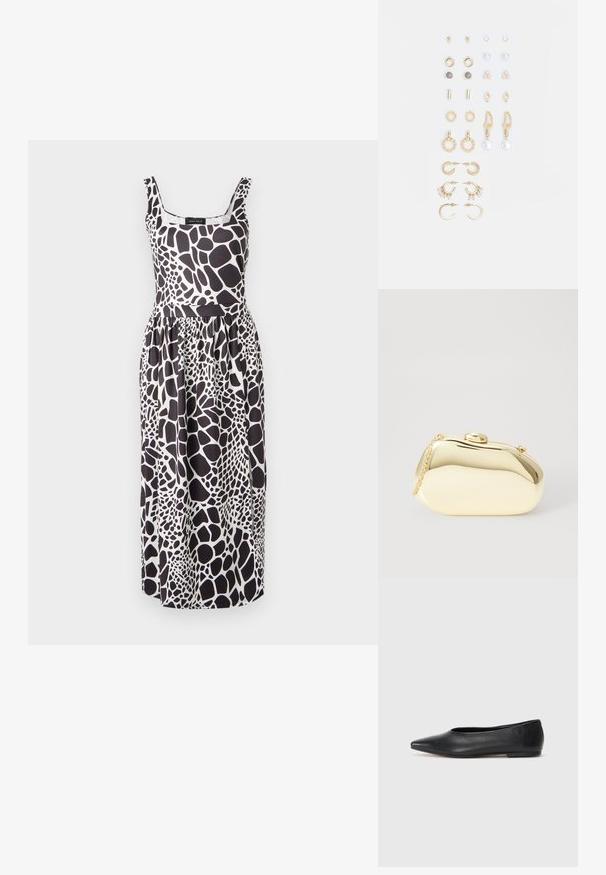 Svart-hvit ermeløs kjole med giraffmønster, med en figursydd overdel og en flytende skjørt, laget av lett stoff.; Sorte lærballerina med spiss tå, minimalistisk design, glatt tekstur, lav hæl uten synlig metall eller dekorasjoner.; Metallisk gull clutch med en glatt, rund form, med en toppknapp-lås og et lite kjede for bæring.; Sett med gullfargede øredobber med ulike design, inkludert stikkere, hoops og hengende deler med perler og rhinestones.