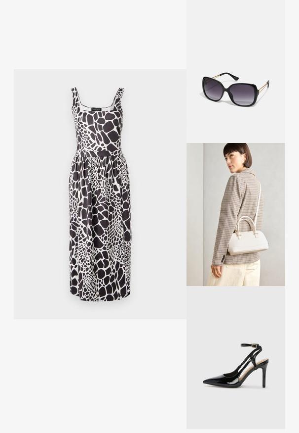 Crno-bijela haljina bez rukava s uzorkom žirafe, koja ima usko tijelo i lepršavu suknju, napravljena od lagane tkanine.; Crne lakirane kožne cipele na visokom potplatu sa otvorenim petama, špicastim vrhom i podesivim remenom oko gležnja. Glatka tekstura.; Crne prevelike sunčane naočale s gradijentnim lećama, debelim okvirom i zlatnim lancem kao detaljem na krakovima.; Bijela strukturna torba s kratkim ručkama i remenom za rame, s zlatnim metalnim detaljima i teksturiranim materijalom, prikazana na sivoj pozadini.