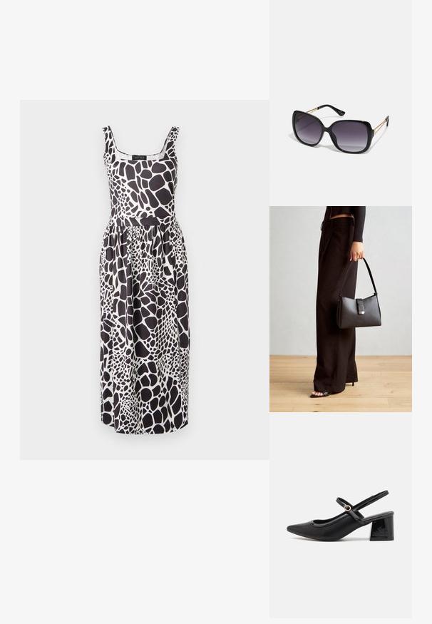 Melnā un baltā bezpiedurkņu kleita ar žirafes rakstu, ar piegulošu krekla daļu un plūstošu svārku, izgatavota no viegla auduma.; Melns patentēts ādas sandales ar norādīta pirksta formu, noapaļotu izgriezuma dizainu un bloķētu papēdi. Iezīmēta ar zelta toņa sprādzi.; Melni pārmērīgi lieli saulesbrilles ar gradāciju lēcām, biezām rāmja malām un zeltainas krāsas ķēžu detaļām uz tempļiem.; Melnā somiņa ar strukturētu formu, gludu tekstūru un metālu sprādzi. Saskaņota ar platām melnām biksēm un sandālēm ar atvērtu purngalu uz koka grīdas.