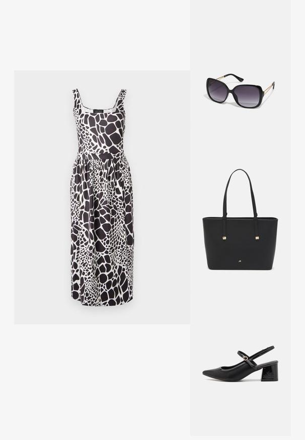 Svart och vit ärmlös klänning med giraffmönster, med en figurnära liv och en flödig kjol, tillverkad av lättviktsmaterial.; Svarta lackläder slingback-klackar med spetsig tå, en rundad utskärning och en blockklack. Utsmyckad med en spänne i guldton.; Svarta överdimensionerade solglasögon med gradientlinser, tjocka bågar och kedjedetaljer i guldton vid tempelarmarna.; Svart tote-väska i syntetmaterial, med en enkel rektangulär design, gyllene fyrkantiga detaljer och dubbla handtag.