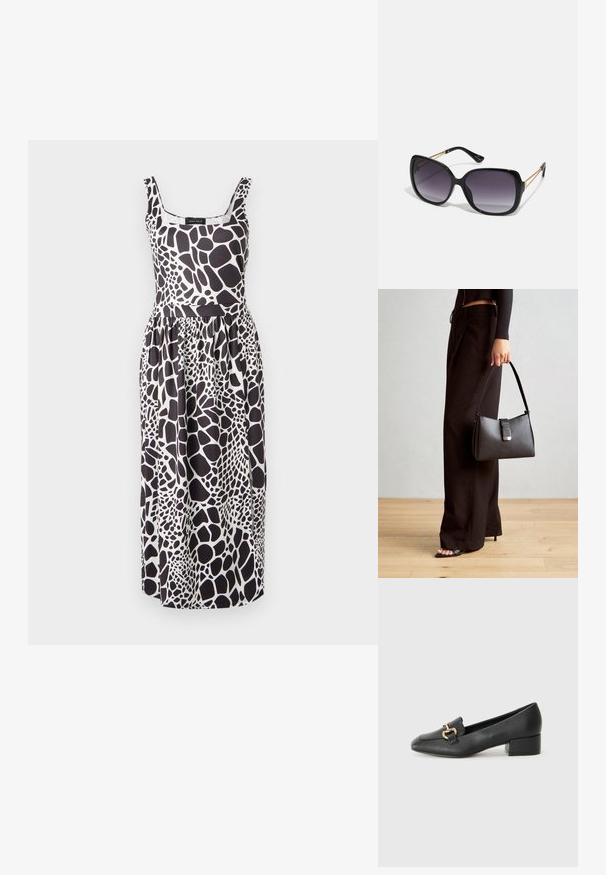 Černobílé bez rukávů šaty s potiskem žirafy, s přiléhavým živůtkem a splývavou sukní, vyrobené z lehké tkaniny.; Černé kožené loferské boty s plochým podpatkem, zdobené zlatým kovovým detailem na přední straně a hladkým povrchem.; Černé oversized sluneční brýle se gradientními skly, silnými rámy a zlatými řetízkovými detaily na nožičkách.; Černá kabelka se strukturovaným tvarem, hladkým povrchem a kovovým uzávěrem. Kombinována s širokými černými kalhotami a sandály s otevřenou špičkou na dřevěné podlaze.