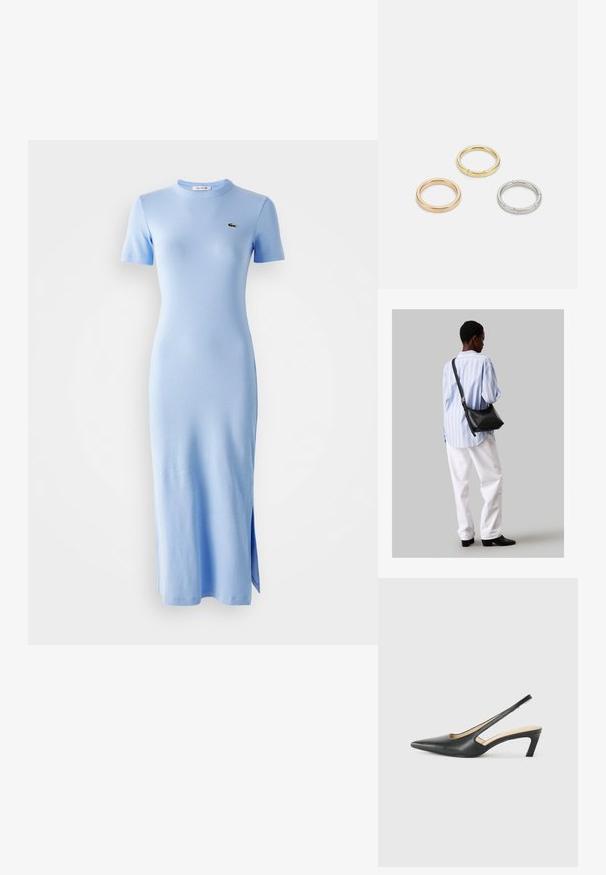 Jasnoniebieska, krótko rękawowa, prążkowana sukienka midi z okrągłym dekoltem i małym zielonym logo na lewej piersi, z bocznym rozcięciem u dołu.; Czarny but na obcasie typu slingback z ostro zakończonym noskiem, z niskim obcasem, wykonany z gładkiej skóry, z wycięciem po boku dla lepszej wentylacji.; Czarna skórzana torba na ramię o miękkiej fakturze, w kształcie trójkąta, z regulowanym paskiem, połączona z jasnoniebieską koszulą w paski i białymi spodniami.; Trzy metalowe pierścienie: jeden w różowym złocie, jeden złoty z teksturowanymi akcentami, oraz jeden srebrny, wszystkie z wygrawerowanym brandingiem na wewnętrznej stronie.