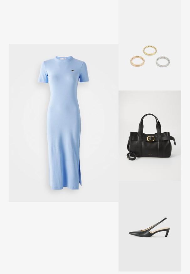 Šviesiai mėlynas, trumpomis rankovėmis, raibotas midi suknelė su apvaliu kaklu ir mažuoju žaliu logotipu kairėje krūtinės pusėje, su šoniniu įpjovimu prie hem.; Juodas smailus slingback batelis su žemu kulnu, pagamintas iš lygaus odos paviršiaus ir su išpjovomis šone, užtikrinančiomis oro pralaidumą.; Juodas odinis rankinės maišas su struktūrizuotu dizainu, dviem viršutinėmis rankenomis, auksinės spalvos sagtimi ir iškilniu prekės ženklu priekyje.; Trys metalinės žiedai: vienas rožinės aukso, vienas auksinis su tekstūruotais akcentais ir vienas sidabrinis, visi su įmintu ženklinimu vidinėje juostoje.