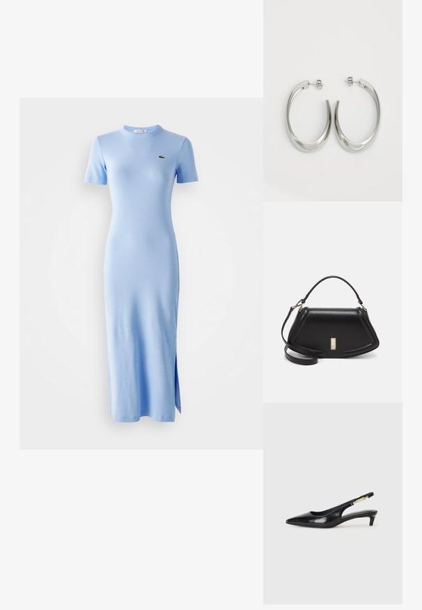 Light blue, short-sleeve, ribbed midi dress with crew neck and small green logo on left chest, featuring side slit on hem.; Black leather slingback heels with a pointed toe, featuring a slim heel and a gold-tone accent on the adjustable strap. Smooth texture.; Black leather handbag with a structured design, featuring a cropped shape, top handle, and gold hardware accent. Adjustable shoulder strap included.; Silver hoop earrings with a smooth, curved design. Features a shiny metallic finish and stud closure. No visible patterns or accents.