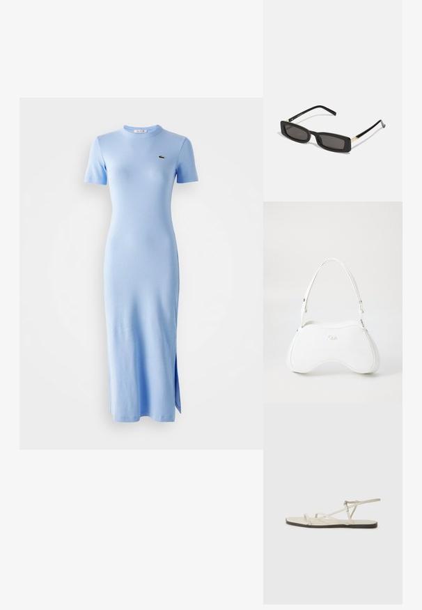 Robe midi à manches courtes, côtelée, bleu clair, avec col rond et petit logo vert sur la poitrine gauche, présentant une fente sur l'ourlet.; Sandale plate beige avec plusieurs fines lanières et une boucle réglable. La semelle est plate avec un léger contraste sombre sur le bord.; Lunettes de soleil noires rectangulaires avec des verres sombres, monture en plastique brillant et accents dorés sur les branches. Design minimaliste et forme épurée.; Sac à main blanc avec une surface lisse et brillante, forme courbée et une seule bandoulière ajustable. Il présente un logo embossé à l'avant.