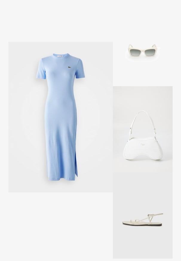 Hellblau, kurzärmliges, geripptes Midikleid mit Rundhalsausschnitt und kleinem grünen Logo auf der linken Brust, mit seitlichem Schlitz am Saum.; Beige flache Sandale mit mehreren schlanken Riemen und einer verstellbaren Schnalle. Die Sohle ist flach und hat einen leichten dunklen Kontrast am Rand.; Sonnenbrille mit einem Cat-Eye-Design, weißem Kunststoffrahmen, grauen Verlaufsgläsern und dünnen Bügeln mit subtilen Markenakzenten.; Weißes Handtasche mit glatter, glänzender Oberfläche, geschwungener Form und einem einzigen verstellbaren Trageriemen. Auf der Vorderseite ist ein eingeprägtes Logo vorhanden.