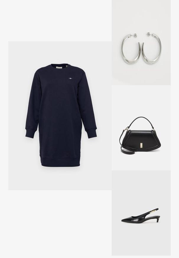 Granatowa sukienka dresowa z miękkiej bawełny. Posiada długie rękawy, ściągacze na mankietach oraz okrągły dekolt. Mały detal z logo na piersi.; Czarne skórzane szpilki typu slingback z ostrym noskiem, posiadające smukły obcas i złoty akcent na regulowanym pasku. Gładka tekstura.; Czarna skórzana torebka o strukturalnym designie, z przyciętą formą, górnym uchwytem i złotymi akcentami. W zestawie regulowany pasek na ramię.; Srebrne kolczyki-hoop o gładkim, zakrzywionym designie. Posiadają błyszczące metaliczne wykończenie i zapięcie na sztyft. Brak widocznych wzorów lub akcentów.