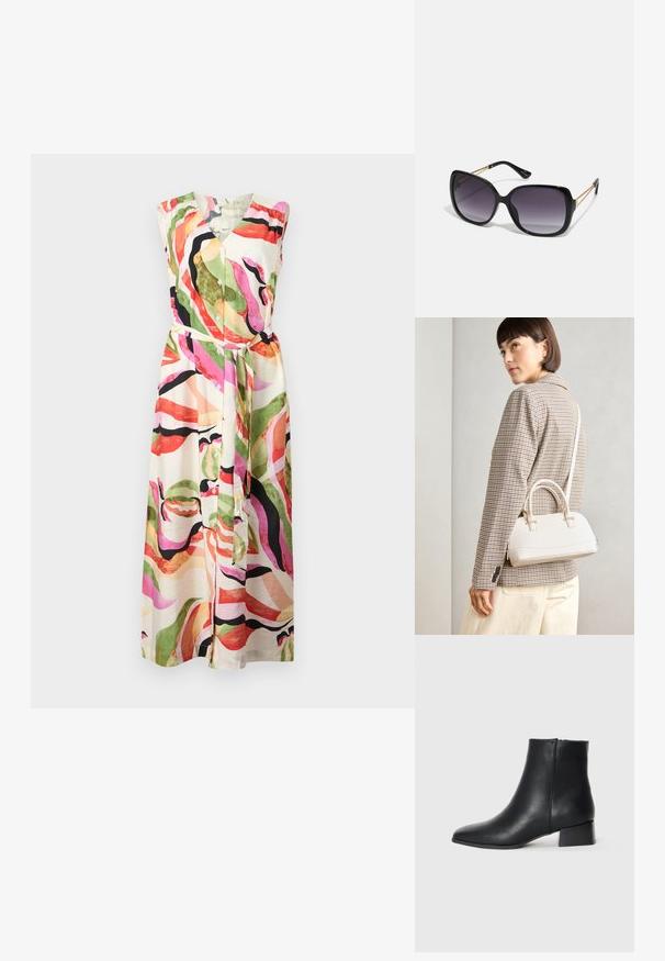 Vestido sin mangas multicolor con escote en V, botón frontal y cintura ceñida; patrones abstractos en verde, rosa y negro sobre fondo crema.; Botín de cuero negro hasta el tobillo con puntera afilada y tacón bloque bajo, con una textura suave y un diseño minimalista.; Gafas de sol negras de gran tamaño con lentes degradados, montura gruesa y detalles de cadena en tono dorado en las patillas.; Bolso estructurado blanco con asas cortas y una correa para el hombro, que presenta detalles en dorado y material texturizado, exhibido sobre un fondo gris.