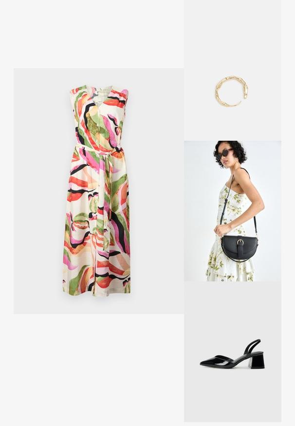 Färgglad, ärmlös klänning med V-hals, knappstängning framtill och midjebälte; abstrakta mönster i grönt, rosa och svart på krämfärgad bakgrund.; Svarta lackläder slingback klackar med spetsig tå och geometrisk klack. Har en elegant, minimalistisk design och slät yta.; Svart läderhandväska med en böjd form, avtagbar rem och guldiga detaljer. Väskan har ett lock med en spänndetalj.; Ring i guldutförande med en organisk, vriden design, slät yta och avsmalnande ändar, vilket ger ett modernt, skulpturalt utseende.
