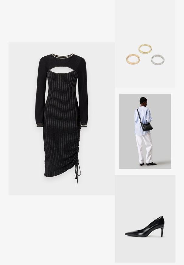 Černé pletené šaty s dlouhými rukávy, s výřezem na hrudi a metalickými vertikálními pruhy. Na spodním lemu je shromážděný detail se stahovací šňůrkou.; Černé kožené boty na vysokém podpatku s špičatou špičkou, hladkým povrchem a zúženým podpatkem. Minimalistický design, bez dalších ozdob.; Černá kožená kabelka přes rameno s jemnou texturou, trojúhelníkovým tvarem a nastavitelným popruhem, v kombinaci se světle modrou pruhovanou košilí a bílými kalhotami.; Tři kovové prsteny: jeden růžově zlatý, jeden zlatý s texturovanými detaily a jeden stříbrný, všechny s vyrytým brandingem na vnitřním boku.