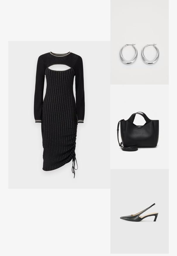 Schwarzes gestricktes Kleid mit langen Ärmeln, das einen Ausschnitt an der Brust und metallische vertikale Streifen aufweist. Raffinierte Details mit Kordelzug am Saum.; Schwarzer spitz zulaufender Slingback-Schuh mit niedrigem Absatz, der aus glattem Leder gefertigt ist und seitliche Ausschnitte für Atmungsaktivität aufweist.; Schwarze Lederhandtasche mit strukturiertem Finish, eckiger Form, doppelten Griffen und einem verstellbaren Schultergurt. Mit einem DKNY Logo-Akzent.; Ein Paar polierte silberne Halbmond-Ohrringe mit Scharnierverschlüssen auf einem weißen Hintergrund.