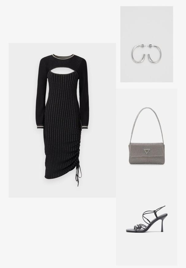 Abito nero a maglia con maniche lunghe, caratterizzato da un taglio sul petto e strisce verticali metalliche. Dettaglio arricciato con cordoncino all'orlo.; Sandali neri con tacco alto presentano sottili cinturini con design annodato, una punta quadrata liscia e un elegante tacco a spillo.; Borsa a mano metallica grigia chiara con tracolla a catena, impreziosita da piccoli chiodi metallici circolari e da un logo triangolare del marchio.; Orecchini a cerchio in argento con una finitura liscia e lucente. Forma arrotondata, design leggero, con chiusura a perno.