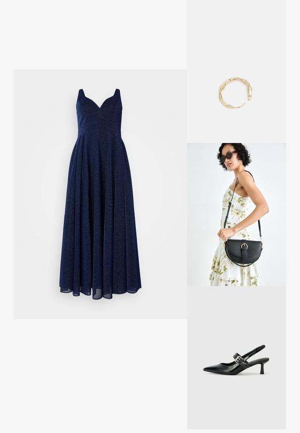 Tumedat sinise A-lõikega kleit, millel on sügav V-kujuline kaelus, ilma varrukateta disain ja voolav seelikuosa. Valmistatud tekstuursest, säravast kangast.; Mustad patenteeritud nahast sildiga kontsad, millel on terav nina ja väike plokk-konts, mille rihmal on hõbedane pandla aksessuaar.; Mustmust mustraha kõverate joontega, eemaldatava rihmaga ja kuldsete detailidega. Kotil on klapp, millel on pandladetail.; Kuldtoonis sõrmus, millel on orgaaniline, keerdunud disain sileda tekstuuri ja kitsenevate otstega, luues kaasaegse skulptuurilise välimuse.