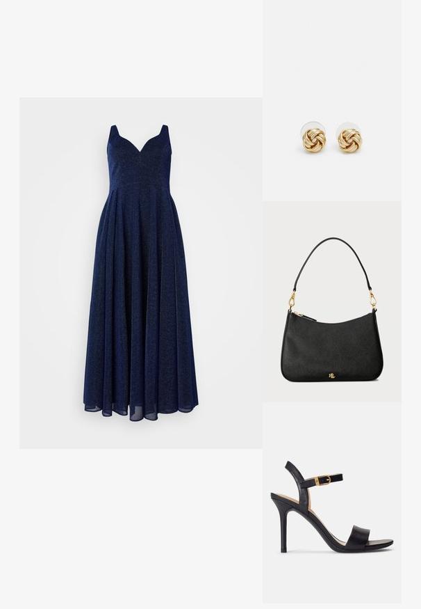 Navy blå A-linje kjole med dyp V-hals, ermeløs design og flagrende skjørt. Laget av et strukturert, glitrende stoff.; Sorte høyhælte sandaler med glatt skinnoverside, åpen tå og et enkelt stroppdesign med en gullspenne som aksent.; Svart lærveske med en strukturert design, med glidelås, avtakbar stropp og detaljer i gull.; Gullfarget knute stud-øreringer med en vridd design. Hver ørering har en sirkulær klar bakside for sikker bruk.