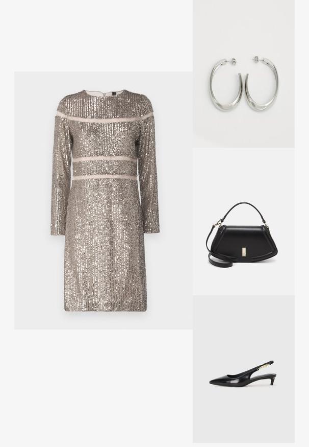 Marc Cain Cocktailjurk - shiny sand; Zwarte leren slingback hakken met een spitse neus, voorzien van een slanke hak en een goudkleurige accent op de verstelbare band. Gladde textuur.; Zwarte leren handtas met een gestructureerd ontwerp, featuring een verkorte vorm, bovenhandvat en gouden hardwareaccent. Inclusief verstelbare schouderband.; Zilveren oorringen met een gladde, gebogen vorm. Voorzien van een glanzende metallic afwerking en studsluiting. Geen zichtbare patronen of accenten.