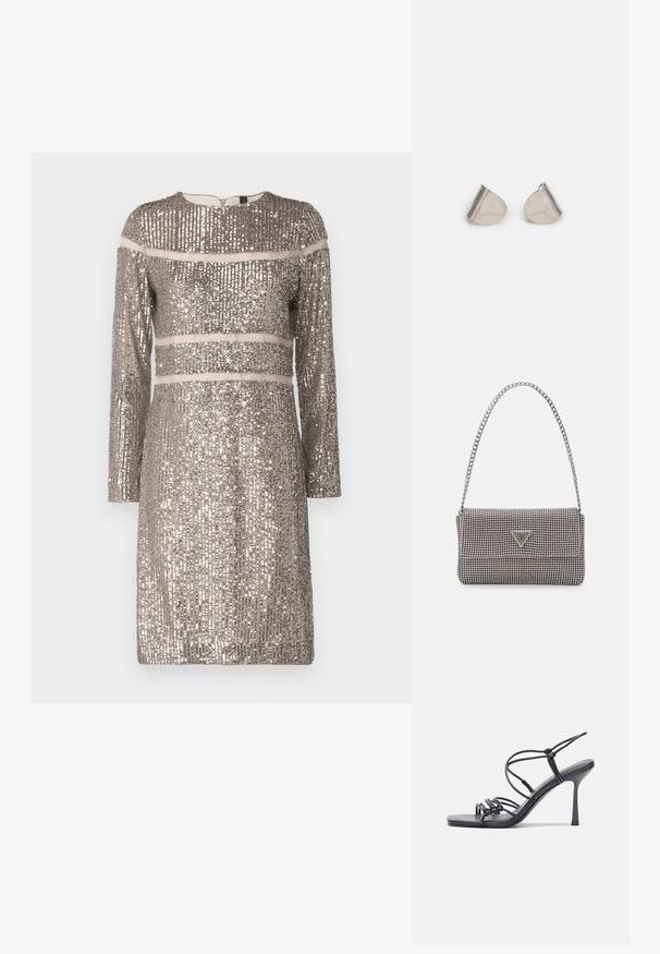 Marc Cain Koktélruha / Partiruha - shiny sand; Fekete magas sarkú szandálok vékony pántokkal, csomózott mintával, sima négyzetes orral és karcsú stiletto sarkal rendelkeznek.; Világosszürke fémes kézitáska lánc pánttal, kis kör alakú fém kifinomult díszítéssel és háromszög alakú márkagéppel.; Ezüst fém fülbevalók sima, csepp alakú formával és fényes felülettel. Finom gravírozások teszik részletessé. Minimalista dizájn.