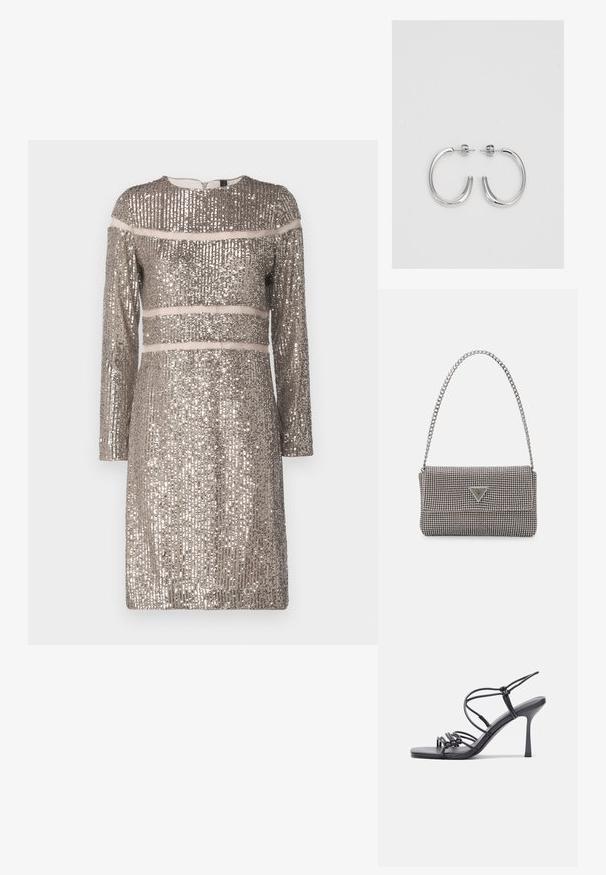 Marc Cain Cocktailkleid/festliches Kleid - shiny sand; Schwarze, hochhackige Sandalen mit dünnen Riemen und einem geknoteten Design, einer glatten, rechteckigen Zehenpartie und einem eleganten Stiletto-Absatz.; Hellegraue metallische Handtasche mit einer Kettenriemen, verziert mit kleinen kreisförmigen metallic Nieten und einem dreieckigen Markenlogo.; Silberne Creolen mit einer glatten, glänzenden Oberfläche. Abgerundete Form, leichtes Design, mit einer Steckverschluss.