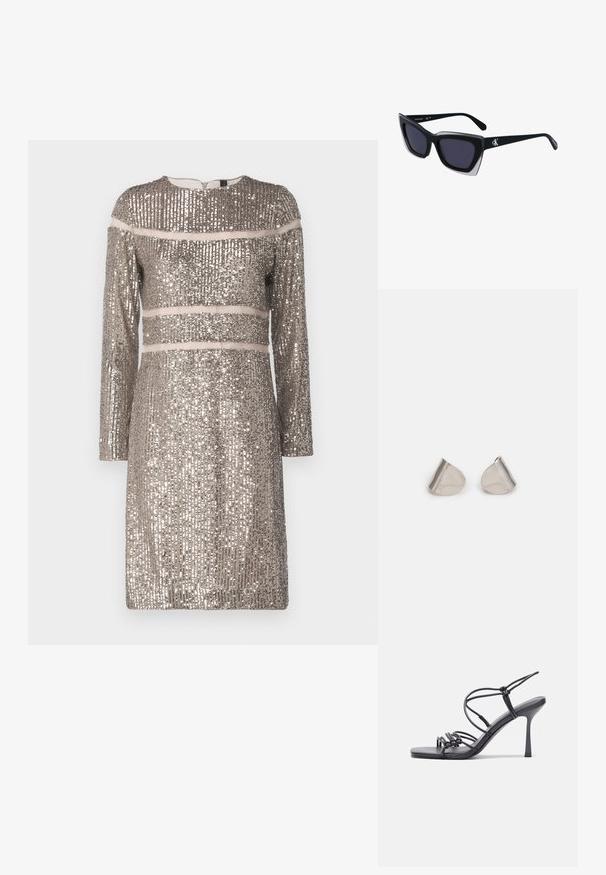 Marc Cain Cocktailkleid/festliches Kleid - shiny sand; Schwarze, hochhackige Sandalen mit dünnen Riemen und einem geknoteten Design, einer glatten, rechteckigen Zehenpartie und einem eleganten Stiletto-Absatz.; Schwarze übergroße Sonnenbrille mit geometrischer Form, ausgestattet mit dunklen Gläsern und einem kontrastierenden grauen Detail im Rahmen. Logo am Bügel.; Silberne Metalohrringe mit einer glatten, tröpfchenförmigen Form und einer polierten Oberfläche. Subtile Gravuren fügen Details hinzu. Minimalistisches Design.