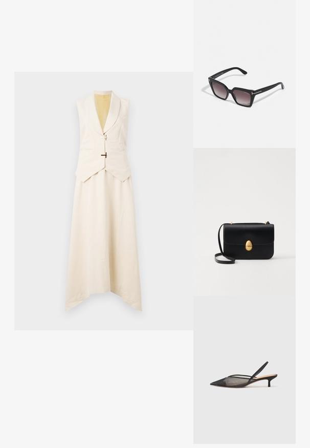 Stine Goya MATTE SHEER TAILORED HANDKERCHIEF DRESS - Denné šaty - ivory/cornsilk; NEOUS IRENA - Klasické lodičky na opätku - black; Čierne nadrozmerné slnečné okuliare s geometrickým tvarom, gradientovými šošovkami a zlatými doplnkami na ramenách. Vyrobené z odolného plastového materiálu.; Čierna kožená kabelka so štruktúrovaným obdĺžnikovým tvarom. Obsahuje zlaté oválne zapínanie a tenký ramenný popruh. Hladká textura.