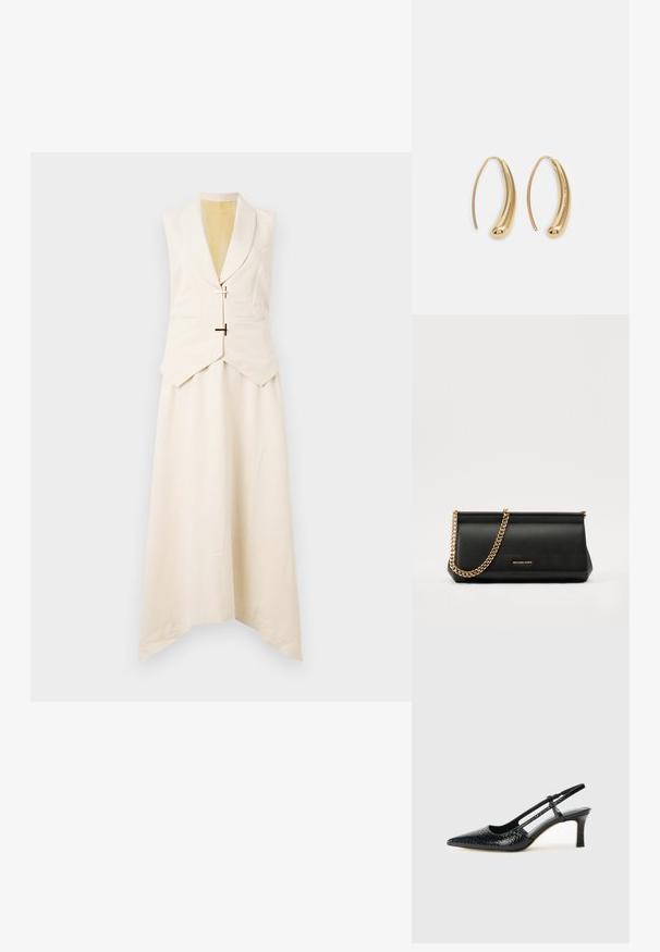 Stine Goya MATTE SHEER TAILORED HANDKERCHIEF DRESS - Vestido informal - ivory/cornsilk; Tacón slingback negro de charol con punta afilada, que presenta un estampado de serpiente texturizado, correa ajustable y un tacón bloque corto y texturizado.; Cartera de mano de piel negra con una correa de cadena dorada, que presenta una textura suave, forma rectangular y un logotipo en relieve en la parte frontal.; Pendientes de aro de metal en tono dorado con una forma curva y alargada. Presentan una superficie lisa y brillante y una punta redondeada para mayor detalle.