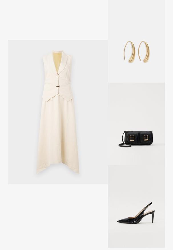 Stine Goya MATTE SHEER TAILORED HANDKERCHIEF DRESS - Päevakleit - ivory/cornsilk; Must hõbedavärvi patendiga slingback kontsakingad terava varbaga, kitsas konts ja peene lõikega disain. Statistika on kuldne pandla rihmal.; Must küllastamata nahast õlakott, millel on kaks esist nähtavat taskut, kuldsed pandlad, tõmblukuga sulgemine ja peen rihm. Tekstuuriga pind ja kompaktne ristkülikukujuline kuju.; Kuldtoonilised metallist rõngas kõrvarõngad, millel on kõver ja piklik kuju. Omavad siledat, läikivat pinda ja ümarat tipptugevdust, mis lisab detaili.