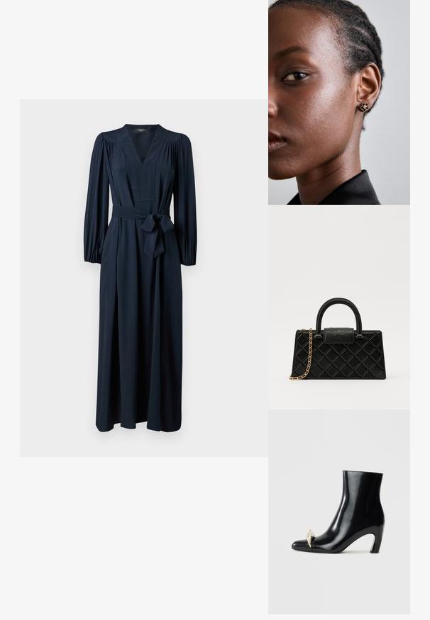 Weekend Max Mara ELISIR - Freizeitkleid - blu; Schwarzer Knöchelschuh aus glänzendem Leder, mit einer spitzen Zehenform und einem dekorativen gold- und silberfarbenen Akzent an der Vorderseite. Blockabsatz-Design.; Schwarze Handtasche aus strukturiertem Leder mit einem Diamantmuster, goldfarbener Kette, einem oberen Griff und einem Logo-Prägung Klappenverschluss.; Schwarze Handtasche aus strukturiertem Leder mit einem Diamantmuster, goldfarbener Kette, einem oberen Griff und einem Logo-Prägung Klappenverschluss.; Die goldenen Blumensteckerohrringe haben ein strukturiertes schwarzes Zentrum und zarte Verzierungen. Die klare Haut und die geflochtenen Haare des Modells sind profilseitig sichtbar.