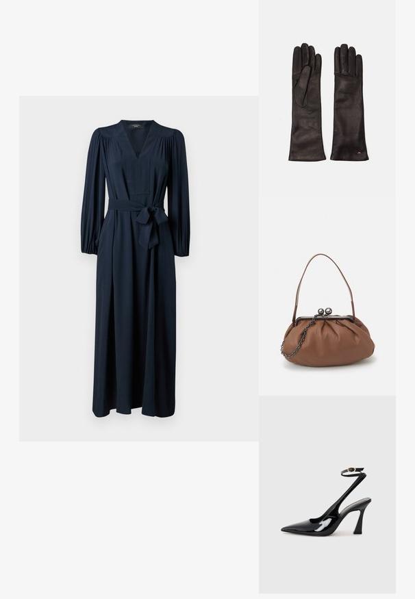 Weekend Max Mara ELISIR - Jurk - blu; Zwarte gepatenteerde leren slingback pumps met een spitse neus, verstelbare enkelband en een gematigd blokhak. Gladde textuur met een glanzende afwerking.; Bruine leren handtas met een geplooid ontwerp, een korte leren handgreep en een kettinghengsel. Voorzien van een zilveren metalen sluiting met twee ronde accenten.; Weekend Max Mara SENAPE - Handschoenen - nero