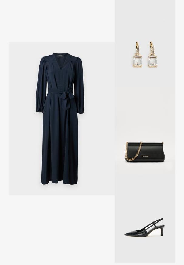 Weekend Max Mara ELISIR - Jurk - blu; Zwart patent slingback hak met een spitse neus, voorzien van een gestructureerde slangenprint, verstelbare band en een korte, gestructureerde blokhak.; Zwarte leren clutch tas met een gouden kettinghengsel, voorzien van een gladde textuur, rechthoekige vorm en reliëfmerk op de voorkant.; Gouden oorbellen met een rechthoekige, heldere kristal die onder een rij kleine, ronde heldere accenten hangt. Strak, modern ontwerp.