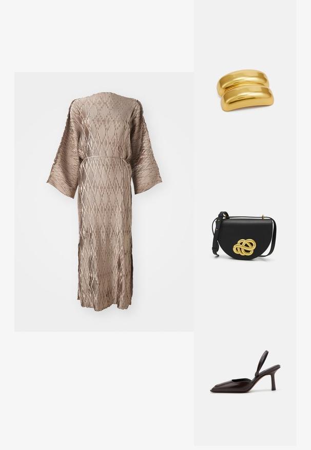Bēša garām piedurknēm, strukturēta midi kleita ar platām piedurknēm un plānu jostu, kas sasieta ap vidukli uz balta fona.; Brūna lakota ādas siksniņpumpe ar norādītu pirkstu un šauru, augstu papēdi. Iezīmējas ar elegantu dizainu un gludu virsmas tekstūru.; Melna ādas rokas soma ar noapaļotu formu, ar lielu zelta dekoratīvu mezglu priekšpusē un regulējamu siksnu.; Zelta krāsas metāla matu spraude ar gludu, noapaļotu dizainu. Virsma ir spīdīga, ar savienotu, izliekta formu, bez papildu rotājumiem.