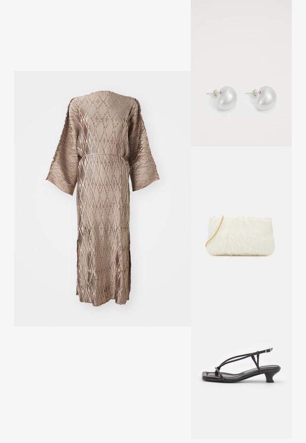 Beżowa, midi sukienka z długim rękawem, teksturowana, z szerokimi rękawami i cienkim paskiem przewiązanym w talii na białym tle.; Czarne skórzane sandały z cienkimi paskami, niskim blokowym obcasem i kwadratowym noskiem. Posiadają zapięcie na klamrę i gładką teksturę.; Biała torebka kopertowa o teksturowej powierzchni z marszczeniem, z złotym łańcuszkiem. Gładkie wykończenie z delikatnymi falami i zaokrąglonymi krawędziami.; Srebrne kolczyki perłowe w zakrzywionym, fasolowym kształcie. Gładka, błyszcząca powierzchnia, z zamknięciem na stalowy szpikulec i zatyczkę.