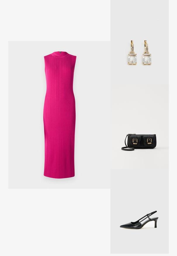 Tinkama, be rankovių suknelė ryškiai rožinės spalvos raukinėto audinio. Aukšta apykaklė su užtrauktuku nugaroje. Midi ilgio. Lygus paviršius.; Juodai lakuoti slingback aukštakulniai su smailiu nosiu, su tekstūruotu gyvatės raštu, reguliuojama juosta ir trumpu, tekstūruotu blokiniu kulnu.; Juodas odinis per petį nešiojamas krepšys su dviem priekiniais kišenėmis, auksiniais sagtimis, užtrauktuko uždarymu ir siauromis petnešomis. Textūruota paviršius ir kompaktiškas stačiakampis formatas.; Auksinės spalvos auskarai, kuriuose yra stačiakampis, skaidrus kristalas, kabantis po eile mažų, apvalių skaidrių akcentų. Šiuolaikiškas, modernus dizainas.