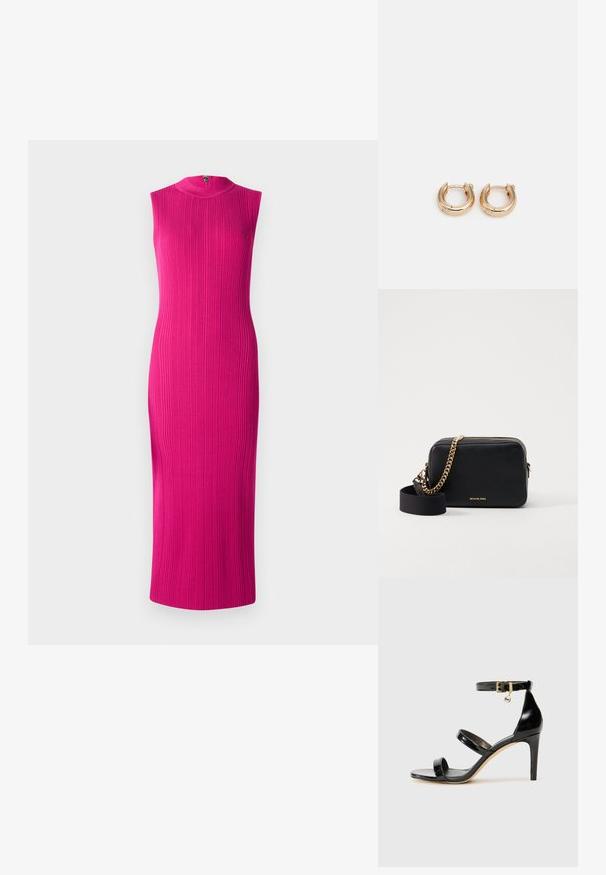 Robe ajustée sans manches en tissu ribbed rose vif. Encolure haute avec fermeture éclair au dos. Longueur midi. Texture lisse.; Sandale en cuir verni noir avec trois brides, boucle de cheville et talon aiguille de 10 cm. Présente un détail en métal doré et un charm logo.; Sac bandoulière en cuir noir avec des accents en chaîne dorée, fermeture zippée et une bandoulière en tissu amovible. Logo Michael Kors sur le devant.; Boucles d'oreilles en or avec une finition polie, présentant un design circulaire épais et un mécanisme de fermeture sécurisé. Texture lisse et apparence brillante.