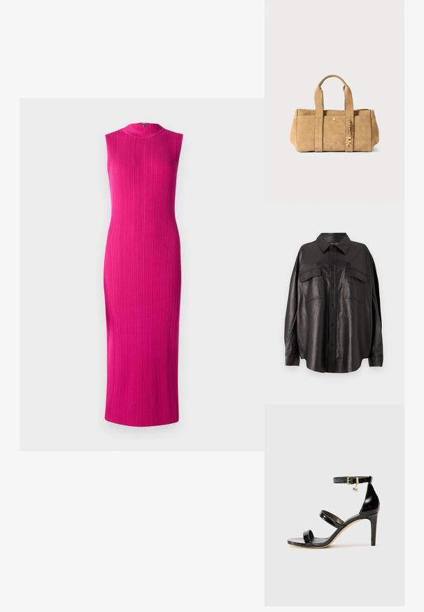 Robe ajustée sans manches en tissu ribbed rose vif. Encolure haute avec fermeture éclair au dos. Longueur midi. Texture lisse.; Chemise en cuir noir avec un devant à boutons, un col pointu et deux poches poitrine. Elle présente une coupe ample et une texture lisse.; Sandale en cuir verni noir avec trois brides, boucle de cheville et talon aiguille de 10 cm. Présente un détail en métal doré et un charm logo.; Sac fourre-tout en suédine beige avec deux poignées supérieures, doté d'une poche avant, de détails en métal doré et d'une finition douce et texturée.