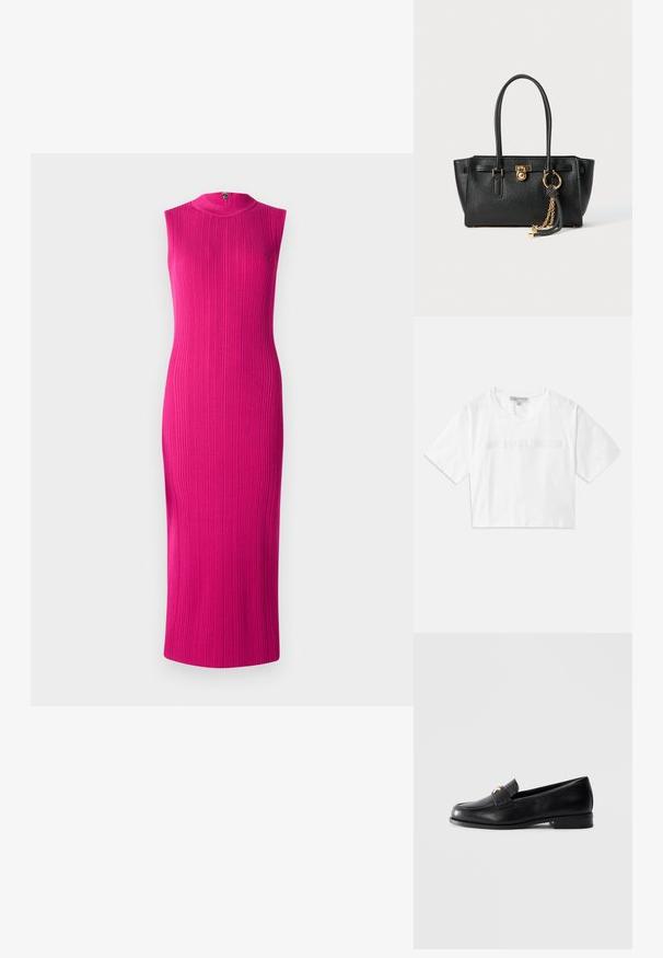 Upnuté, bezrukávové šaty v žiarivej ružovej farbe s rebrovanou textúrou. Vysoký golier so zipsovým zapínaním na chrbte. Midi dĺžka. Hladká textúra.; Biele skrátené tričko vyrobené z bavlny, s krátkymi rukávmi a vyšitým nápisom "MICHAEL KORS" v zodpovedajúcom dizajne na prednej strane.; Čierne kožené mokasíny s nízkym podpätkom a zlatým dekoračným emblemom na remienku, vystavené na jednofarebnom svetlošedom pozadí.; Čierna kožená kabelka s dvojitými uchami, zlatým zámkom a reťazovým detailom, a čierno-bielym strapcom na bielom pozadí.