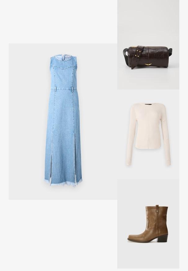 Világoskék farmer maxi ruha, ujjatlan kivitel, kerek nyakkivágással, két oldalsó hasítékkal és rojtos szegéllyel.; Hosszú ujjú, világos bézs blúz kerek nyakkivágással. Puha anyagból készült, középső varrással és enyhén ívelt szegéllyel rendelkezik. Nincs rajta látható fémrész.; Barna bőrből készült bokacsizma négyzet alakú orral, texturált felülettel és alacsony, rakott sarkával. Hátsó húzófüllel és finom varrási részletekkel rendelkezik.; Barna krokodilbőr hatású bőr táska henger alakú, arany tónusú fémveretekkel és lecsatolható, szegecsekkel díszített pánttal.
