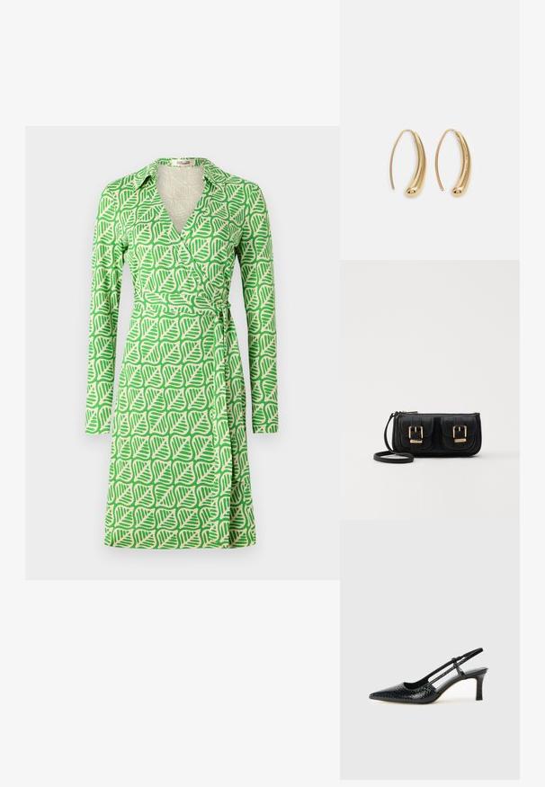 Kleit, millel on lehepildid rohelises ja beežis, valmistatud kergest kangast, millel on krae ja pikad varrukad.; Mustmust paelad, millel on terav varvas, tekstuuriga maduprindiga, reguleeritav rihm ja lühike tekstuuriga plokknina.; Must küllastamata nahast õlakott, millel on kaks esist nähtavat taskut, kuldsed pandlad, tõmblukuga sulgemine ja peen rihm. Tekstuuriga pind ja kompaktne ristkülikukujuline kuju.; Kuldtoonilised metallist rõngas kõrvarõngad, millel on kõver ja piklik kuju. Omavad siledat, läikivat pinda ja ümarat tipptugevdust, mis lisab detaili.