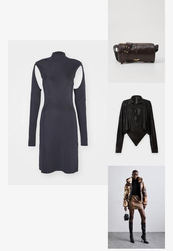 Tengerészkék bordázott ruha magas gallérral, hosszú ujjakkal és vállkivágásokkal. Feszes fazon, egyenes szegéllyel. Sima textúra.; Fekete egyrészes ruházat hosszú ujjakkal, V-kivágással és testhez simuló fazonnal. Fényes, sima anyagból készült, strukturált gallérral és mandzsettákkal.; Barna és fekete mintás puffjú dzseki, barna kígyóbőr mintás mini szoknyával, fekete térdig érő csizmával és egy kicsi fekete táskával párosítva.; Barna krokodilbőr hatású bőr táska henger alakú, arany tónusú fémveretekkel és lecsatolható, szegecsekkel díszített pánttal.