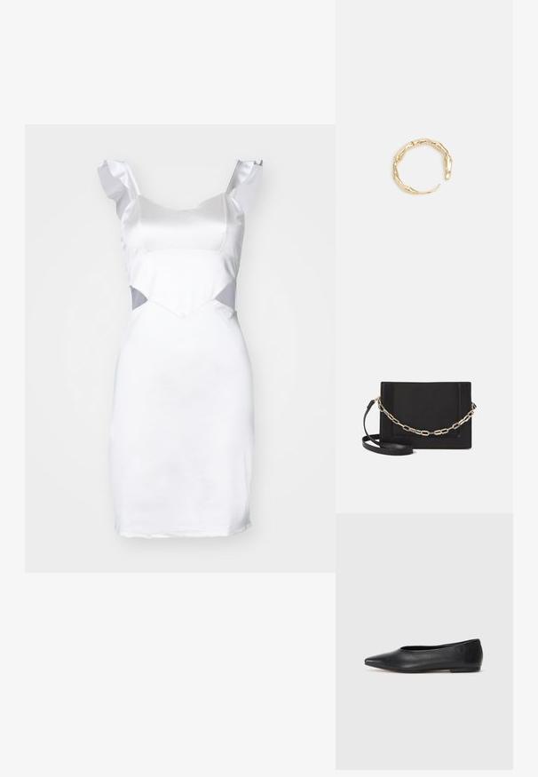 Biely saténový šaty s volánovými ramienkami, priliehavým korzetom a vykrojenými detailmi po stranách. Hladká textúra a dĺžka nad kolená.; Čierne kožené baletky, špicatý špička, minimalistický dizajn, hladká textúra, nízky podpätok, bez viditeľných prvkov alebo ozdôb.; Čierna kožená crossbody taška s hladkou textúrou, obdĺžnikovým tvarom a kovovým reťazovým detailom na prednej strane. Súčasťou je nastaviteľný popruh.; Prsteň v zlatej farbe s organickým, skrúteným dizajnom, hladkým povrchom a zužujúcimi sa koncami, vytvárajúci moderný, sochársky vzhľad.
