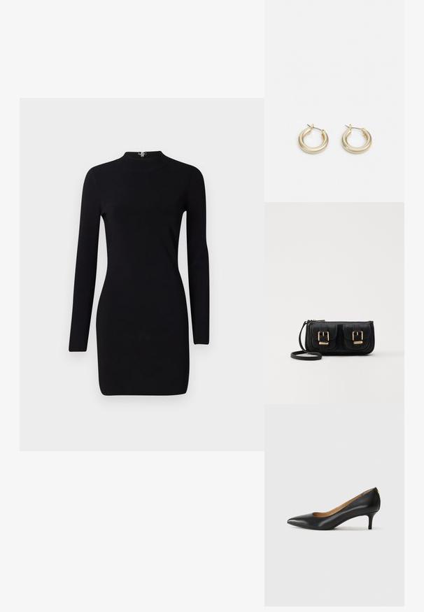 Fekete, hosszú ujjú ruha, testhez simító fazonnal, magas nyakkal és hátsó cipzárral. Sima textúrájú és elasztikus anyagú. Nincsenek minták vagy díszítések.; Fekete bőrpumpa hegyes orral, alacsony sarokkal és sima felülettel. Elöl enyhe nyílással rendelkezik, hátul pedig minimális részletezéssel.; Fekete bőr keresztbody táska két elülső zsebbel, arany csattokkal, cipzáras záródással és vékony pánttal. Textúrált felület és kompakt téglalap alak.; Lauren Ralph Lauren BASIC SMALL HOOP - Fülbevalók - gold-coloured