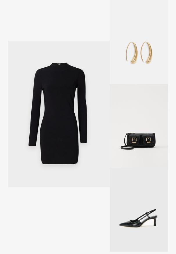 Svart långärmad klänning med en åtsittande silhuett, hög hals och dragkedja bak. Slät yta och elastiskt tyg. Inga mönster eller detaljer.; Svart lackskin slingback-häl med spetsig tå, med texturerad ormskinnsprint, justerbar rem och en kort, texturerad blockklack.; Svart läderaxelväska med två framfickor, guldspännen, dragkedjestängning och en smal rem. Texturerad yta och kompakt rektangulär form.; Guldtonade metallörhängen i en kurvad, avlång form. Har en slät, glänsande yta och en rundad spets för en extra detalj.