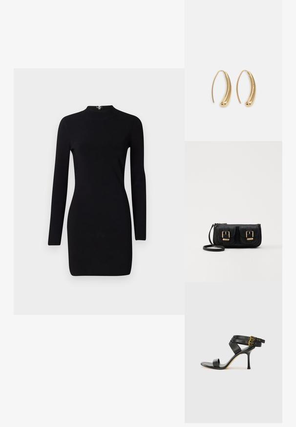 Svart långärmad klänning med en åtsittande silhuett, hög hals och dragkedja bak. Slät yta och elastiskt tyg. Inga mönster eller detaljer.; Svart klack-sandal med korsade remmar och justerbar spänne. Har en slät textur och en taperad stilettklack.; Svart läderaxelväska med två framfickor, guldspännen, dragkedjestängning och en smal rem. Texturerad yta och kompakt rektangulär form.; Guldtonade metallörhängen i en kurvad, avlång form. Har en slät, glänsande yta och en rundad spets för en extra detalj.