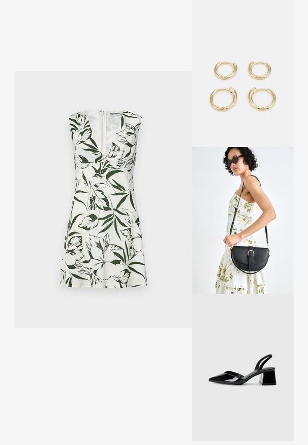 Bezramienna sukienka z białego lnu w zielony kwiatowy wzór. Posiada głęboki dekolt w kształcie V i zamek błyskawiczny z tyłu. Rozkloszowany fason w kształcie litery A.; Czarne lakierowane półbuty na obcasie z wydłużonym noskiem i geometrycznym słupkiem. Charakteryzują się eleganckim, minimalistycznym designem oraz gładką fakturą.; Czarna skórzana torebka o zakrzywionym kształcie, z odpinanym paskiem i złotymi akcentami. Torebka posiada klapę z zapięciem w kształcie klamry.; Złote kolczyki w kształcie kół, cztery sztuki, gładkie wykończenie, zaokrąglony design, w różnych rozmiarach, z zawiasowym zapięciem dla łatwego zakupu.