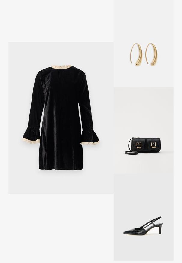 Črna žametna obleka z dolgimi rokavi, razširjenimi manšeti, ki imajo kremno čipkasto obrobo, in okroglim izrezom. Gladka tekstura z dolžino do kolen.; Črne lakaste slingback pete s koničastim nosom, ki imajo teksturiran vzorec kačje kože, nastavljiv trak in kratek teksturiran blok peto.; Črna usnjena torbica čez ramo z dvema sprednjima žepoma, zlatimi zaponkami, zadrgo in ozkim pasom. Tekstura površine je strukturirana, obliko pa ima kompaktno pravokotno.; Zlato-tonirani kovinski uhani v obliki obroča s krivuljo in podolgovato obliko. Imajo gladko, sijočo površino in zaobljen vrh za dodaten detajl.