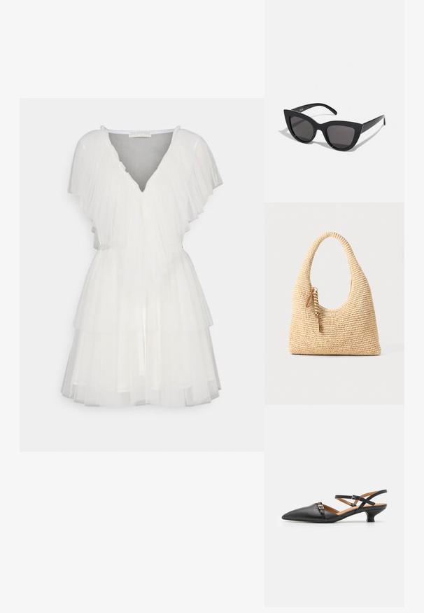 Bílá tylová šaty s patrovým designem, V-výstřihem a flitrovými rukávy. Doplněné o opasek v pase pro zvýraznění postavy.; Černé kožené sandály na podpatku s špičatou špičkou, zkříženými pásky a malými blokovými podpatky. Obsahují akcenty s přezkami a texturovaný povrch.; Černé sluneční brýle ve stylu kočičích očí s matným povrchem, vybavené šedými zabarvenými skly, ostrými liniemi a elegantními bočními rameny. Název značky viditelný na vnitřní straně ramene.; Tkaná béžová kabelka s zakřivenou rukojetí, texturovaným povrchem a hnědým střapcem. Má uvolněný, hobo tvar.
